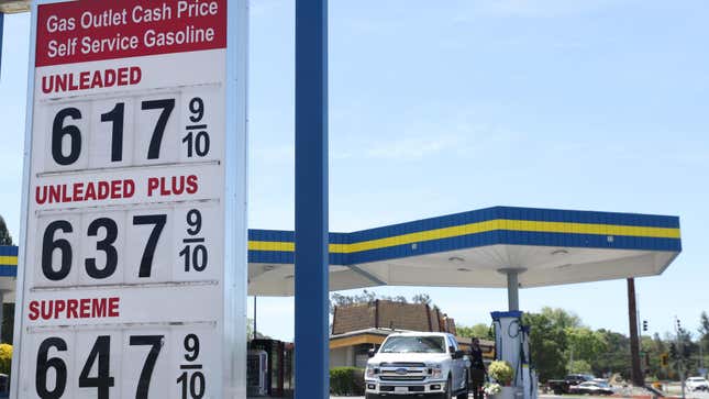 Gas prices over $6.00 per gallon are displayed at a gas station on May 18, 2022 in Petaluma, California. (Photo by Justin Sullivan/Getty Images)