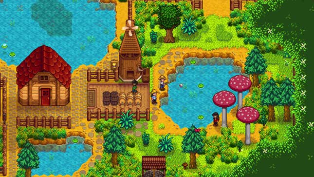 A screenshot of multiple players in Stardew Valley. Many are gathered around a pond fishing.