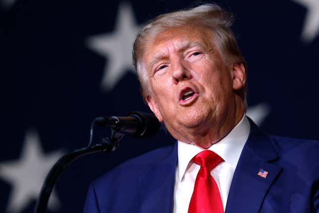 COLUMBUS, GEORGIA - JUNE 10: Former U.S. President Donald Trump delivers remarks during the Georgia state GOP convention at the Columbus Convention and Trade Center on June 10, 2023 in Columbus, Georgia.