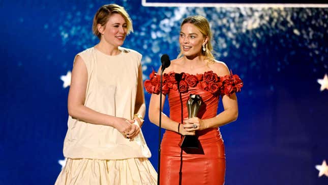 Greta Gerwig and Margot Robbie accept the Best Comedy Award for ‘Barbie’ at The 29th Critics’ Choice Awards held at The Barker Hangar on January 14, 2024 in Santa Monica, California. 