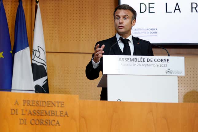 French President Emmanuel Macron addresses the Corsican Assembly in Ajaccio, as part of a three days visit in the southern French island of Corsica Thursday Sept. 28, 2023. President Emmanuel Macron proposed granting limited autonomy for Corsica on Thursday in a modest step toward nationalist sentiment on France&#39;s island in the Mediterranean. (Pascal Pochard-Casabianca, Pool via AP)