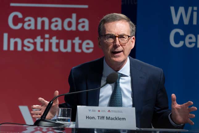 Tiff Macklem, Governor of the Bank of Canada, participates in a Washington Forum on the Canadian Economy, together with Federal Reserve Chair Jerome Powell, Wednesday, April 16, 2025, in Washington. (AP Photo/Manuel Balce Ceneta)