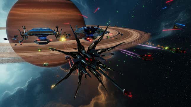 A fleet of spaceships fighting in front of a ringed planet. It looks like a scene from Babylon 5.