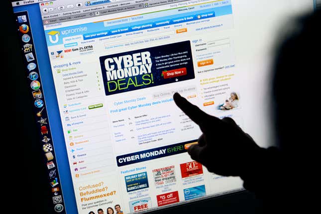 FILE - In this Monday, Nov. 29, 2010, file photo, a consumer looks at Cyber Monday sales on her computer at her home in Palo Alto, Calif. Consumers are scouring the internet for online deals as they begin to cap off the five-day post-Thanksgiving shopping bonanza with Cyber Monday. Cyber Monday –- a term coined back in 2005 by the National Retail Federation –- continues to be the biggest online shopping day of the year, thanks to the deals and the hype the industry has created to fuel it. (AP Photo/Paul Sakuma, File)