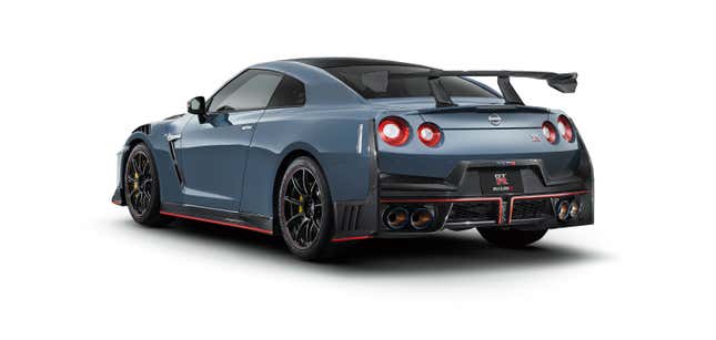 Rear 3/4 view of a grey Nissan GT-R Nismo