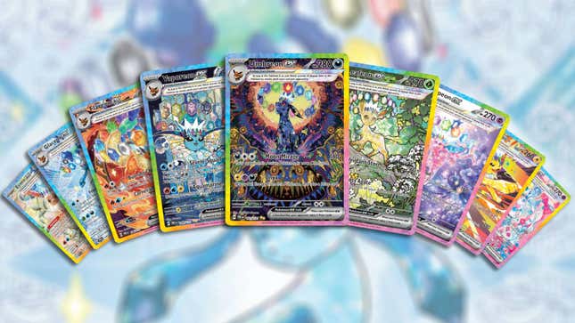 All the special art Eeveelutions from the set, arranged in a fan.