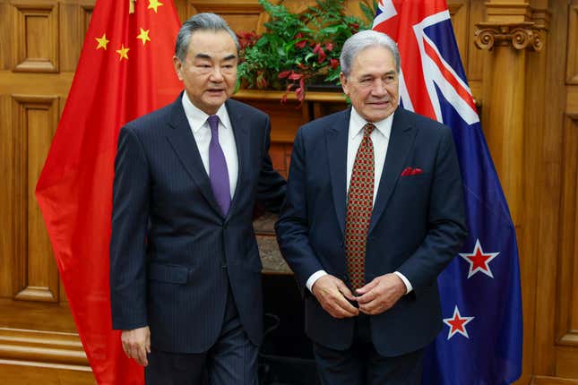 China&#39;s Minister of Foreign Affairs Wang Yi, left, meets his New Zealand counterpart Winston Peters, in Wellington, New Zealand, Monday, March 18, 2024. (Hagen Hopkins/Pool Photo via AP)