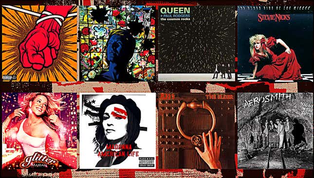 Clockwise from top left: Metallica: St. Anger; David Bowie: Tonight; Queen: The Cosmos Rocks; Steve Nicks: The Other Side Of The Mirror; Aerosmith: Night In The Ruts; Kiss: Music From The Elder; Madonna: American Life; Mariah Carey: Glitter (all album cover images: Amazon)
