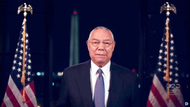 In this screenshot from the DNCC’s livestream of the 2020 Democratic National Convention, Former Secretary of State Colin Powell addresses the virtual convention on August 18, 2020. 