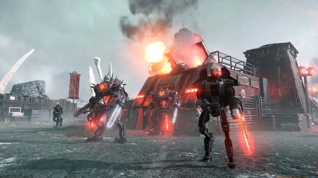 Automatons stand in front of a fabrication facility on a desolate planet.