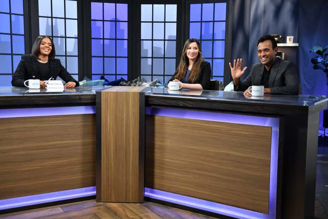 NASHVILLE, TENNESSEE - APRIL 05: (L-R) Candace Owens, Lauren Chen, and Vivek Ramaswamy are seen on set of “Candace” on April 05, 2022 in Nashville, Tennessee. The episode will air later today, April 5, 2020