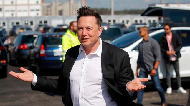 Tesla CEO Elon Musk gestures as he arrives to visit the construction site of the future US electric car giant Tesla, on September 03, 2020 in Gruenheide near Berlin.