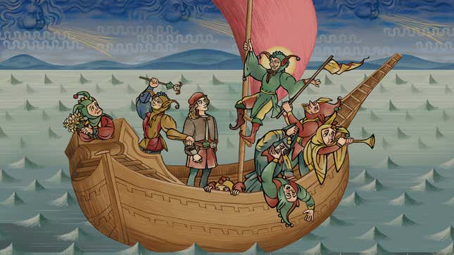 Venta de personajes medievales en barco en Pentiment. 