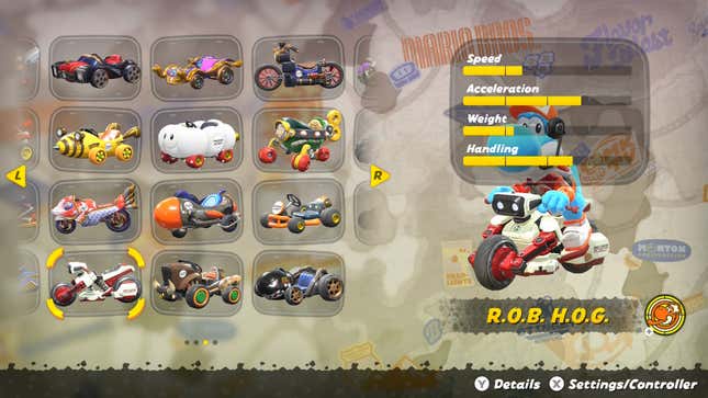 La pantalla de selección de vehículos, que resalta las estadísticas de la motocicleta ROB HOG.