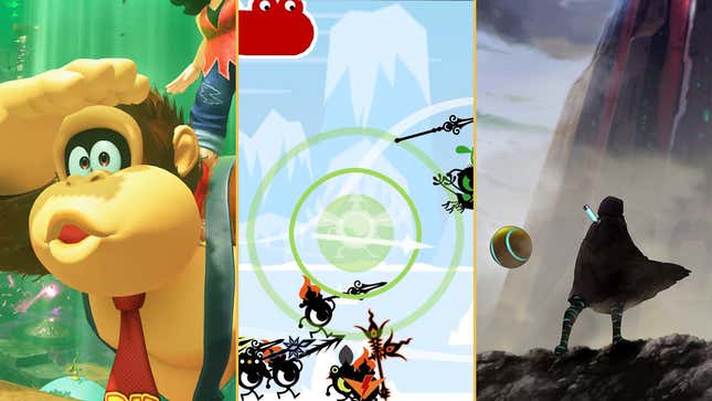Les captures d’écran de Donkey Kong Bananza, Patapon 1 + 2 Replay et Shadow Labyrinth sont disposées dans une image composite.