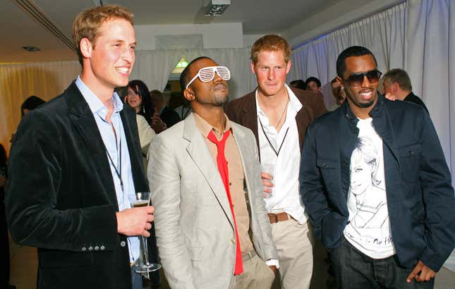 Prince William, left; Kanye West, Prince Harry and P. Diddy pose for the media during a backstage party at Wembley Arena in north London, 01 July 2007.