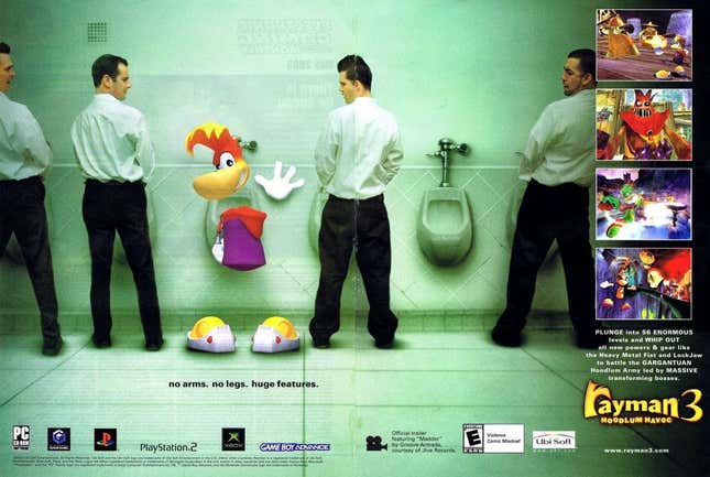 Rayman pees at a urinal while other men stare.