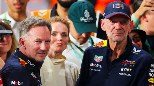 Geri Horner, Oracle Red Bull Racing Team Principal Christian Horner and Adrian Newey, the Chief Technical Officer of Oracle Red Bull Racing enjoy the podium celebration during the F1 Grand Prix of Saudi Arabia at Jeddah Corniche Circuit on March 09, 2024 in Jeddah, Saudi Arabia