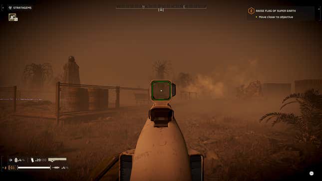 A first-person view of the Railgun in Helldivers 2.