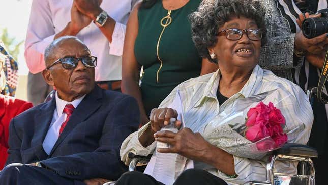 MONTGOMERY, AL - OCTOBER 26: Civil rights attorney Fred Gray, left, and Claudette Colvin, 82, listens during a press conference after Colvin petitioned for her juvenile record to be expunged at the Montgomery County Family Court on October 26, 2021, in Montgomery, Alabama. On March 2, 1955, Colvin was arrested at the age of 15 and placed on indefinite probation in Montgomery for violating bus segregation ordinances by refusing to give up her seat on a bus nine months before Rosa Parks.