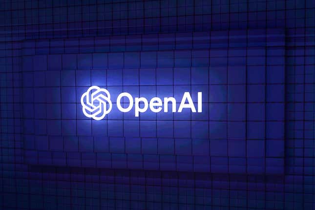 OpenAI logo with a neon purple hue on a tiled wall