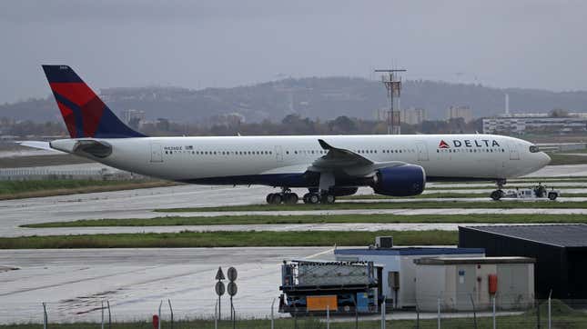 An Airbus A330-941 is being delivered to Delta Air Lines, flying from Toulouse Blagnac Airport to Atlanta, in Toulouse, France, on December 8, 2023.
