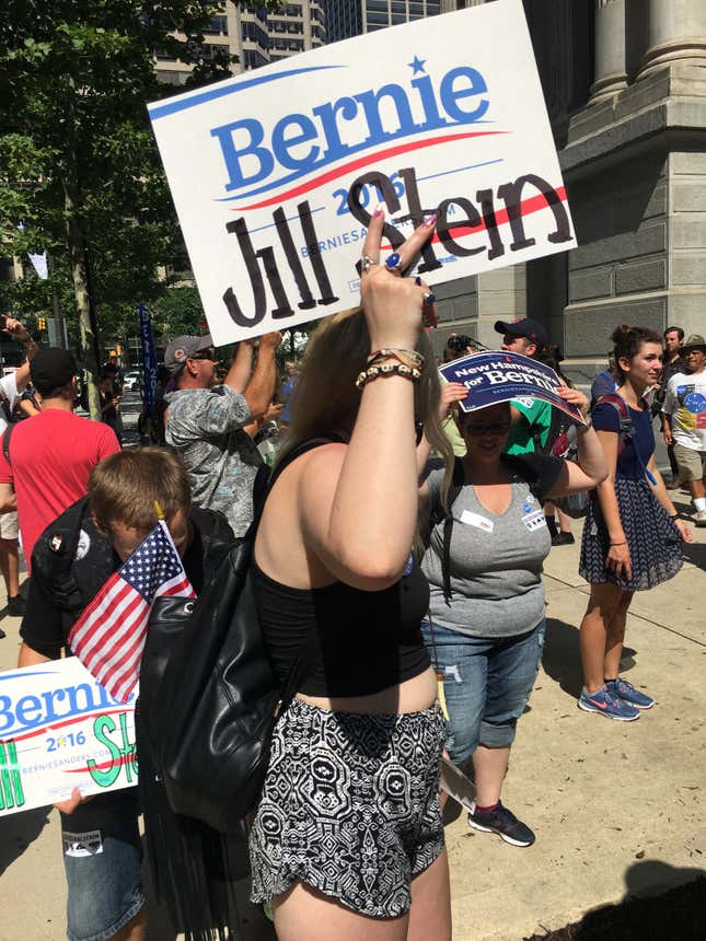 Image for article titled Bernie Sanders supporters chant “lock her up,” protesting Hillary at the DNC