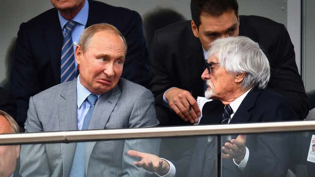 Bernie Ecclestone chats with “nice guy” Vladimir Putin during the 2018 Russian Grand Prix.