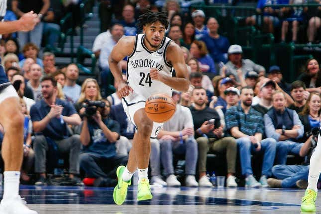 Oct 27, 2023; Dallas, Texas, USA; Brooklyn Nets guard Cam Thomas (24) breaks up the court during the third quarter against the Dallas Mavericks at American Airlines Center.