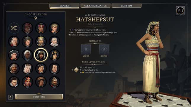 The leader selection screen for Hatshepsut in Civilization VII.