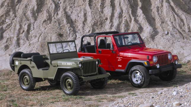 A photo of a vintage WW2 Jeep parked next to a new Jeep Wrangler. 