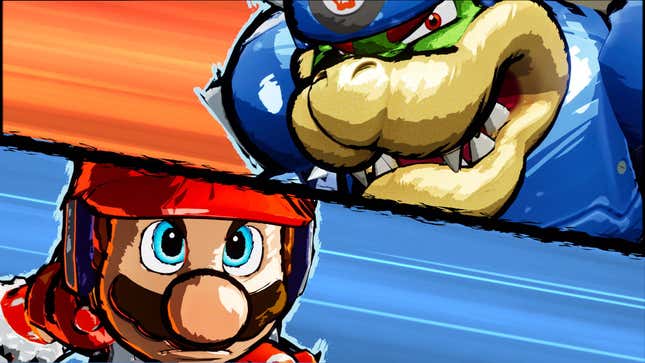 Mario and Bowser stare at each other in a cinematic from Mario Strikers: Battle League on Switch.