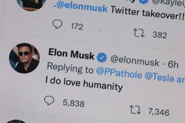 Elon Musk's Twitter profile reading "I do love humanity"