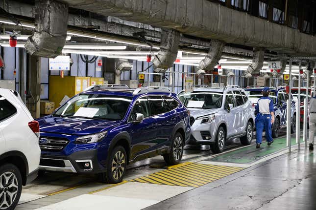 Newly assembled vehicles at the Subaru Corp. Gunma Yajima Plant in Ota, Gunma Prefecture, Japan, on Thursday, Dec. 14, 2023