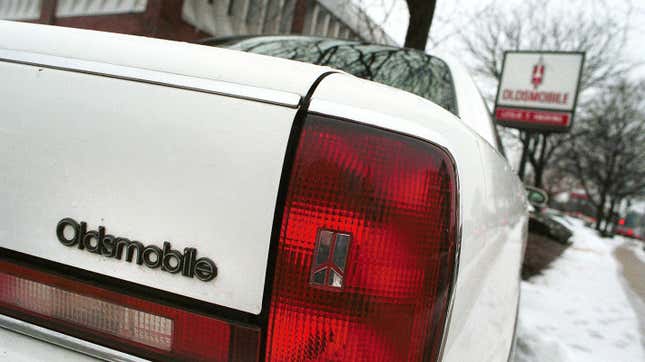 An Oldsmobile is parked at an Oldsmobile dealership December 14, 2000 in Wellesley MA.