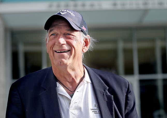 FILE - Former Minnesota Gov. Jesse Ventura talks to reporters outside the federal building in St. Paul, Minn., on Oct. 20, 2015. Ventura has announced he is entering the cannabis market as a seller, as the state still figures out retail sales of the drug on the heels of legalizing marijuana for adults last year. (Elizabeth Flores /Star Tribune via AP, File)