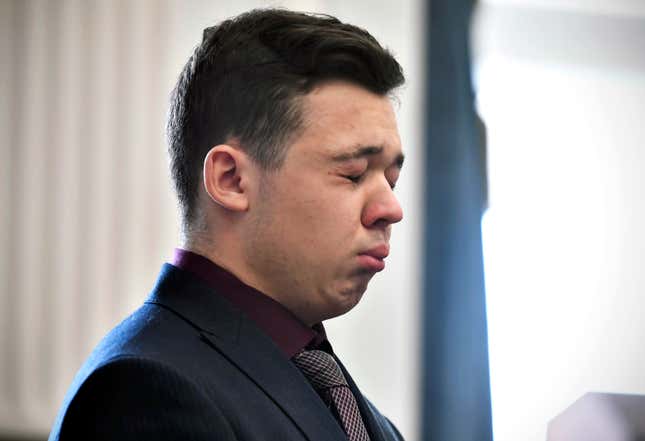 Kyle Rittenhouse reacts as he is found not guilty on all counts at the Kenosha County Courthouse in Kenosha, Wis., Friday, Nov. 19, 2021.