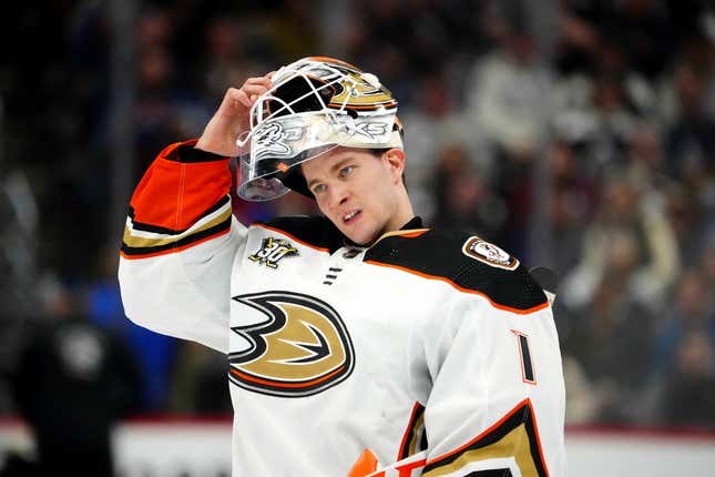 Nov 15, 2023; Denver, Colorado, USA; Anaheim Ducks goaltender Lukas Dostal (1) during the second period against the Colorado Avalanche at Ball Arena.