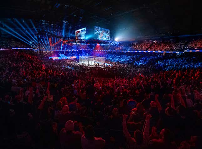 This image provided by WWE shows the crowd at a Survivor Series event at Allstate Arena in Chicago, Saturday, Nov. 25, 2023. WWE crushed its social media record over the Thanksgiving holiday weekend, with the return of wrestler CM Punk at Survivor Series garnering more than 71 million views across all of the sports entertainment company&#39;s platforms. (WWE via AP)