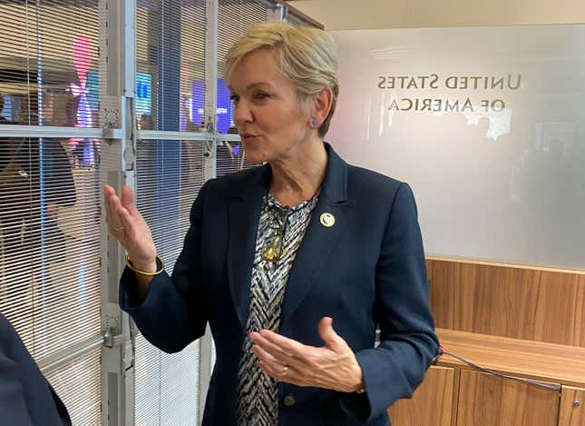 U.S. Energy Secretary Jennifer Granholm gestures as she speaks at the UN offices in Vienna, Monday Sept. 25, 2023. Granholm has emphasized the importance of nuclear fusion as a pioneering and future-oriented technology in the clean energy transition. As part of its clean-energy agenda, the Biden administration wants to &quot;create a commercial nuclear fusion facility within 10 years,&quot; Granholm said in an interview with The Associated Press in Vienna. (AP Photo/Stephanie Liechtenstein)