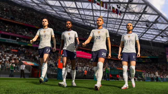 Alex Morgan, Naomi Girma, Trinity Rodman, and Sophia Smith of the USWNT walking on the field in FIFA 23.