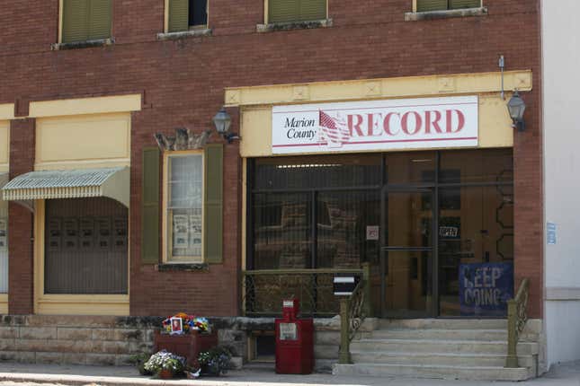 FILE - The offices of the Marion County Record weekly newspaper are seen in Marion, Kan., on Aug. 21, 2023. The weekly newspaper and its publisher filed a federal lawsuit Monday, April 1, 2024 over police raids last summer of its offices and the publisher&#39;s home and notified local officials that the paper and its publisher believe they are due more than $10 million in damages. (AP Photo/John Hanna, File)