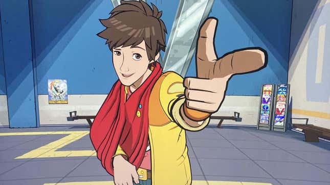 An image shows the main character from Hi-Fi Rush pointing a finger. 