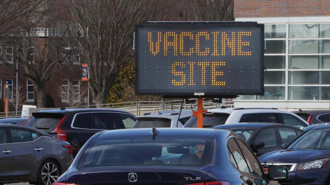 A sign greeting people who arrive to line up for covid-19 vaccines at Nassau Community College on January 10, 2021 in Garden City, New York. 