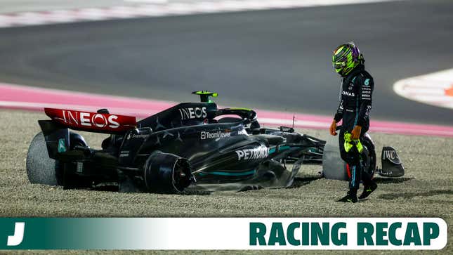 Lewis Hamilton of Great Britain and Mercedes looks on after retiring from the race during the F1 Grand Prix of Qatar at Lusail International Circuit on October 08, 2023 in Lusail City, Qatar.