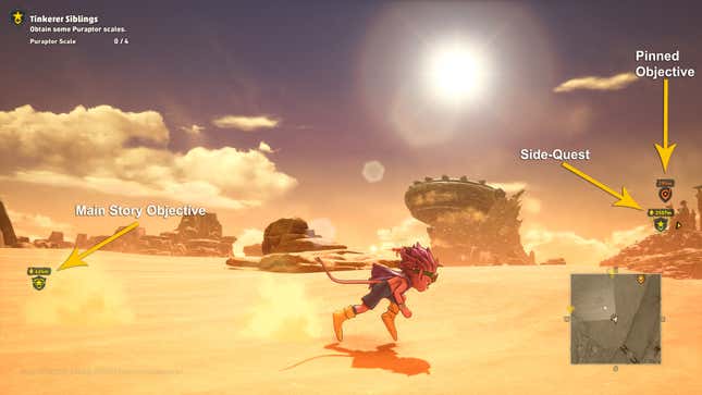Arrows point out HUD elements in a screenshot of Sand Land.