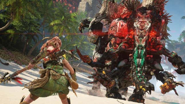 Horizon: Zero Dawn's Aloy faces-down a giant robot monster on a beach. 