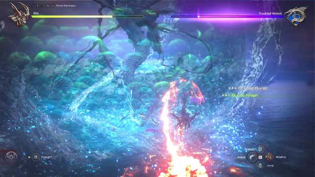 Ifrit and Leviathan do battle in a watery environment.