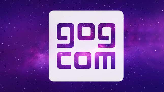 The GOG.com logo floating in a purple-colored galaxy. 