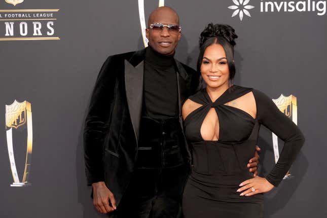 Chad “Ochocinco” Johnson and Sharelle Rosado attend the 13th Annual NFL Honors at Resorts World Theatre on February 08, 2024 in Las Vegas, Nevada.